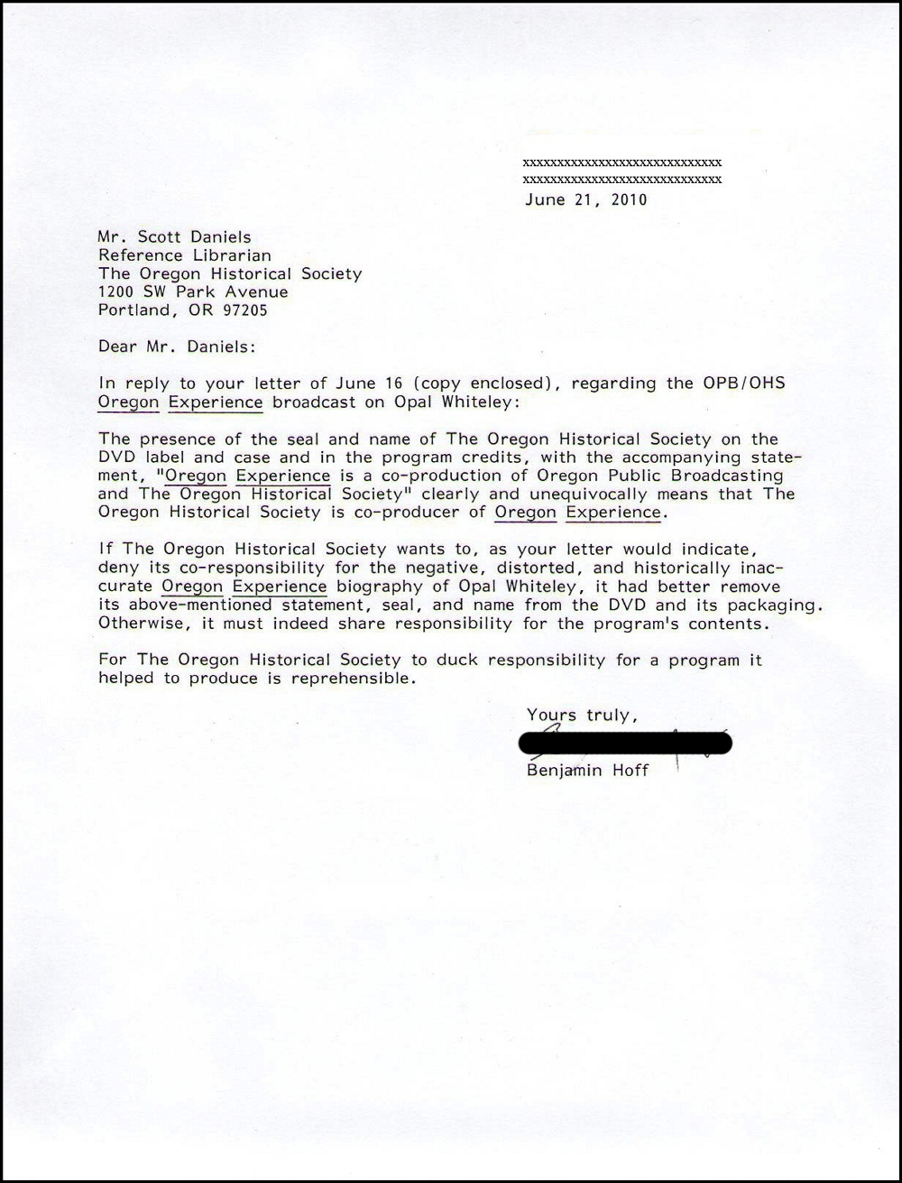 Reply from Benjamin Hoff to Scott Daniels of OHS June 2010