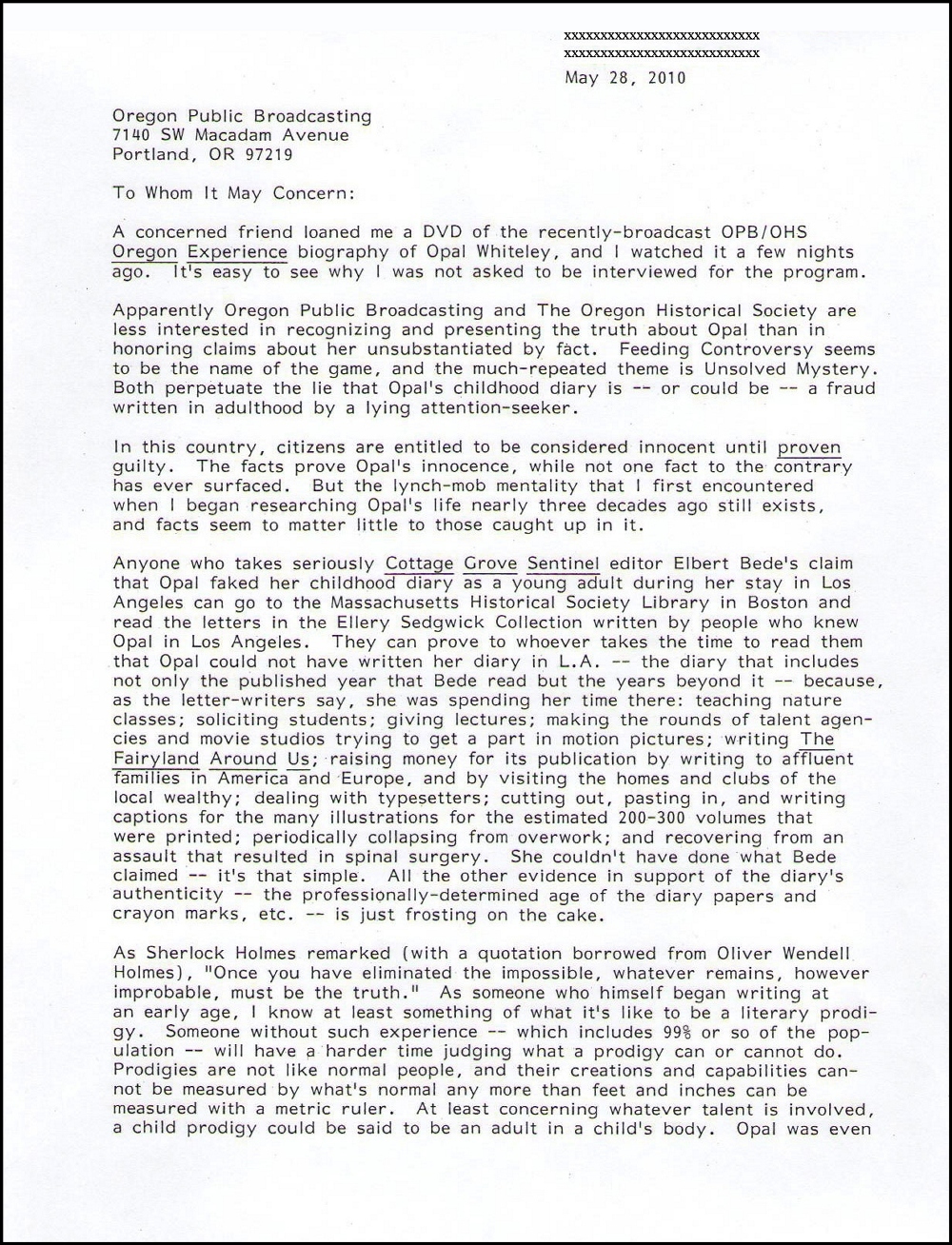 Letter from Benjamin Hoff to OPB May 2010
