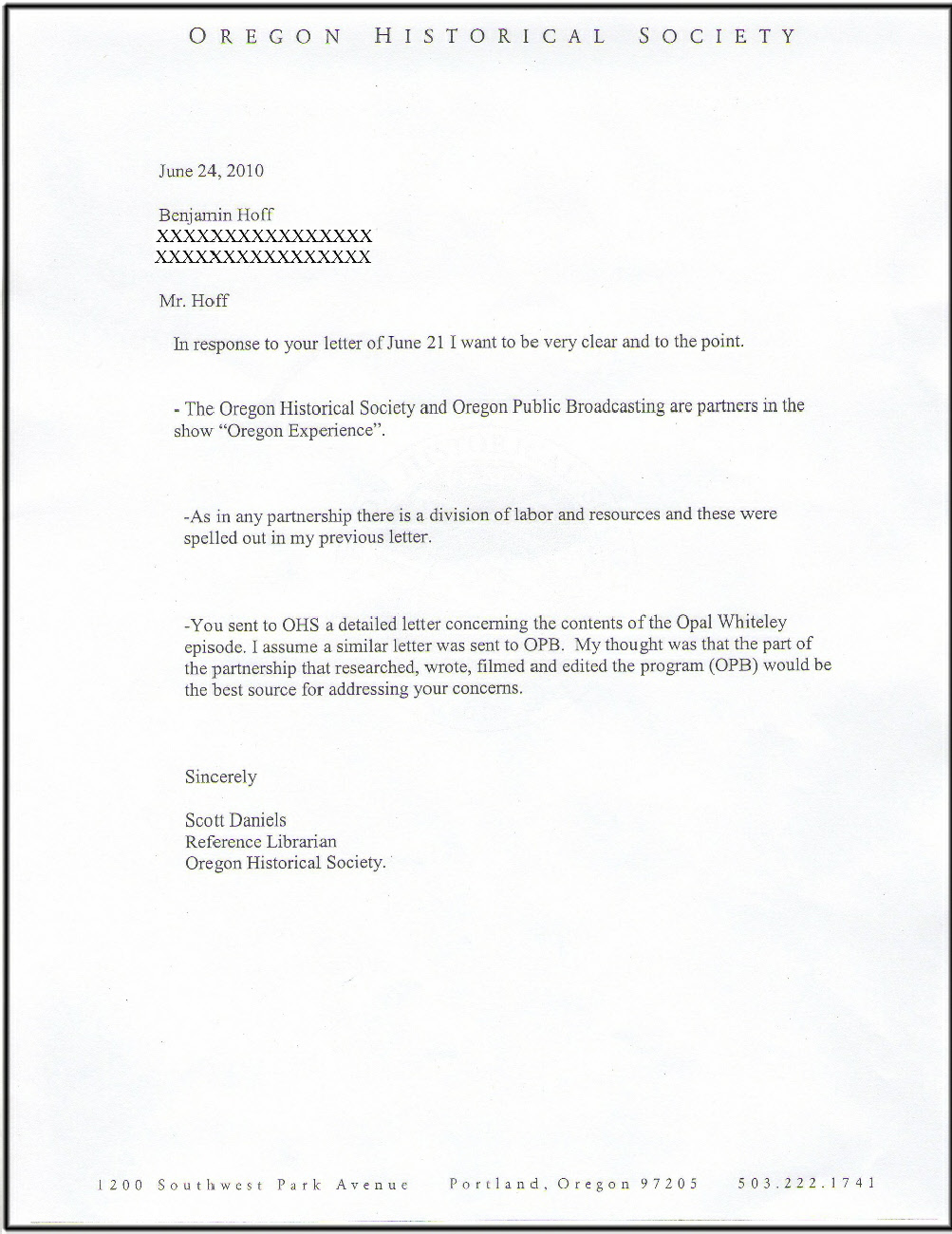 Reply from Scott Daniels of OHS to Benjamin Hoff June 2010