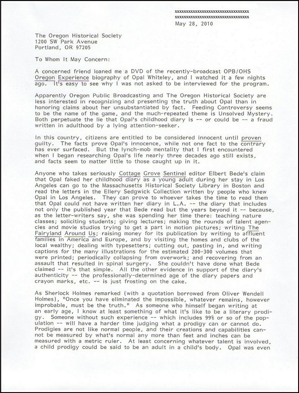 Letter from Benjamin Hoff to OHS May 2010
